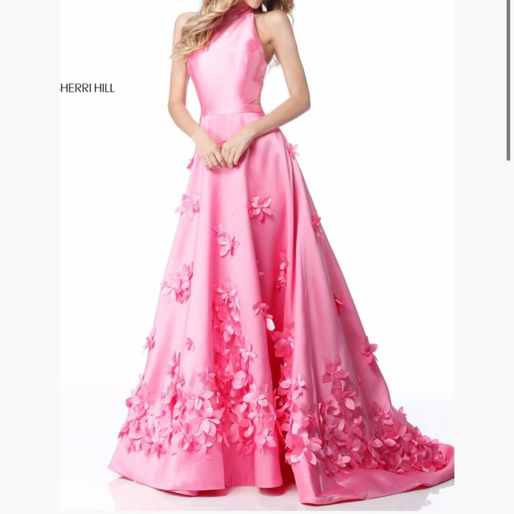 Sherri Hill Pink Floral Applique Halter Prom Gown